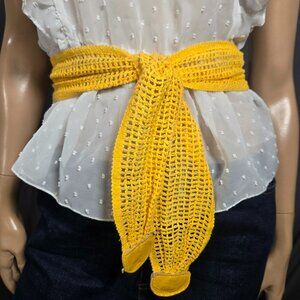 Vintage 80s Yellow Crochet Mesh Sash Tie Belt Leather Trim New Wave One Size